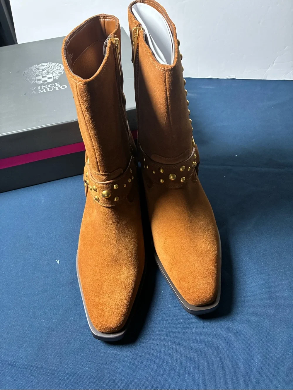 Vince Camuto Men's Suede Mid-Calf Boots in Cognac with Gold Studs